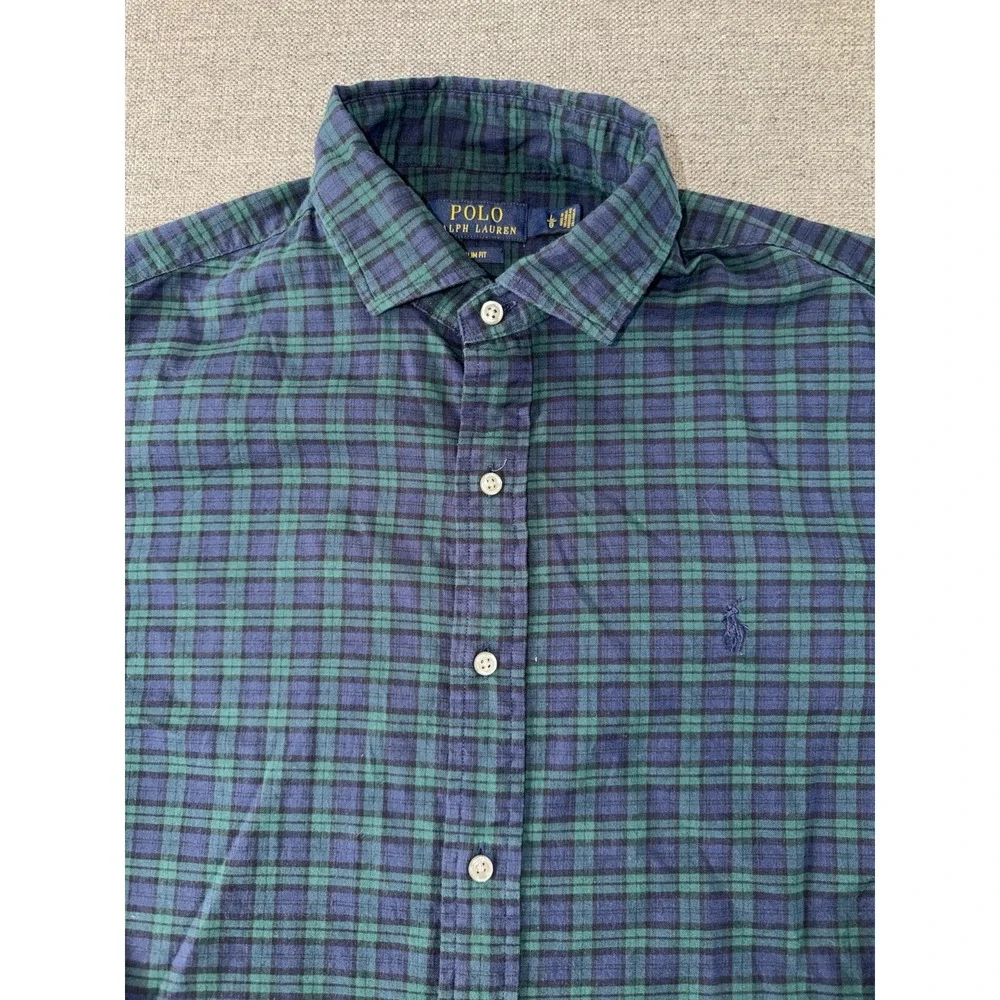 Polo Ralph Lauren Mens Blue Green Plaid Slim Fit Button-Down Shirt‎ Fits Medium